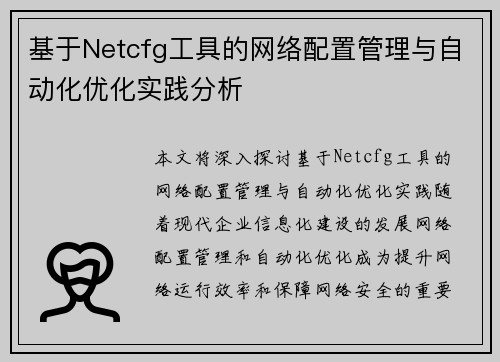 基于Netcfg工具的网络配置管理与自动化优化实践分析